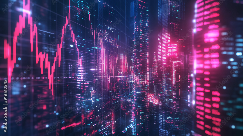 Fototapeta premium Abstack background, price drop, holographic stock market crash, futuristic business decline, digital financial crisis.