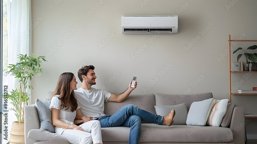 Couple Relaxing on Sofa with Air Conditioner Photo