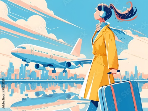 A woman in the city pulling a suitcase, preparing to board a plane for a work trip.