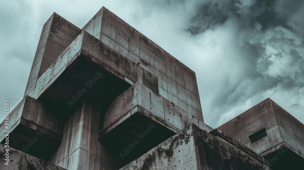Aged architecture with Brutalist design under cloudy sky.