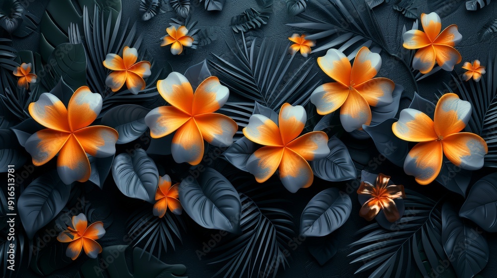 A sophisticated wallpaper featuring a 3D bunch of leaves and flowers against a black background, offering ample copy space for text A sophisticated wallpaper featuring a 3D bunch of leaves and flowers against a black background, offering ample copy space for text