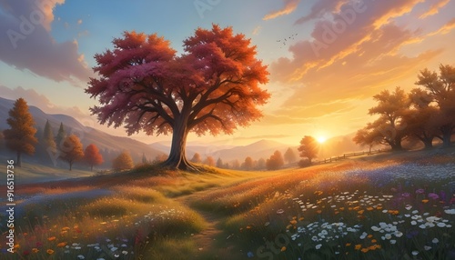 A vibrant heart-shaped tree in a lush, colorful meadow at sunset. The tree's branches are ablaze with autumn foliage, creating a striking contrast against the warm, golden sky. The foreground is fille photo