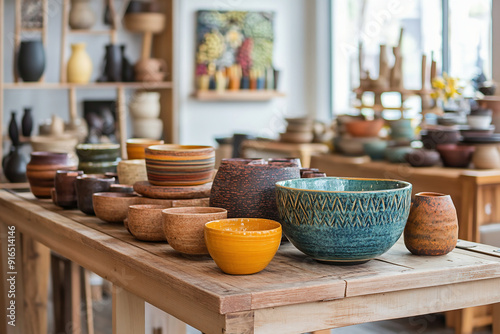 pottery bowls ceramic handcrafted art shop display artisan handmade colorful wooden decor designs stacked clay 