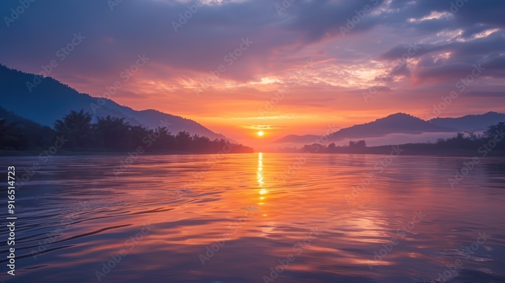 Naklejka premium Sunset over a River with Mountain Silhouette