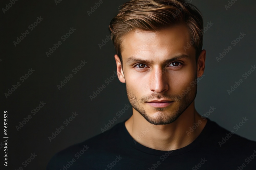 Portrait handsome tanned young man with blonde hair in black T-shirt Portrait handsome tanned young man with blonde hair in black T-shirt