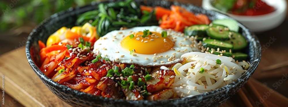 Delicious Korean Bibimbap with Fried Egg, Vegetables, and Sesame Seeds Delicious Korean Bibimbap with Fried Egg, Vegetables, and Sesame Seeds