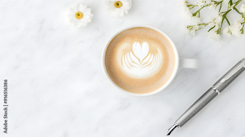 A flat lay of a coffee cup on a white marble desk with copy space for text A flat lay of a coffee cup on a white marble desk with copy space for text