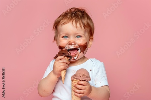 Innocent curly-haired infant smiling brightly radiating pure joy. Ice cream delight brings joy to a child's face.  Innocence and simple happiness of infancy depicted smile. photo