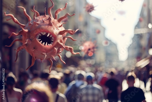 Illustrated virus big eyes and sharp teeth surrounded people. Virus sharp teeth and piercing eyes flying toward people. Menacing virus representing threat of disease crowded places. photo