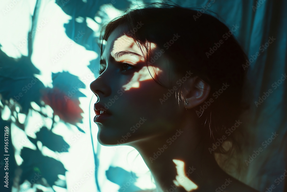 Fototapeta premium portrait woman shadow profile art abstract light face silhouette female artistic moody dramatic photography colors beauty 