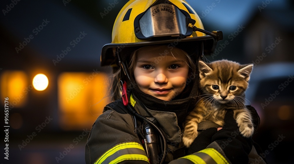 A burning house a firefighter girl in a helmet and uniform holds a rescued kitten in her arms. A burning house a firefighter girl in a helmet and uniform holds a rescued kitten in her arms.