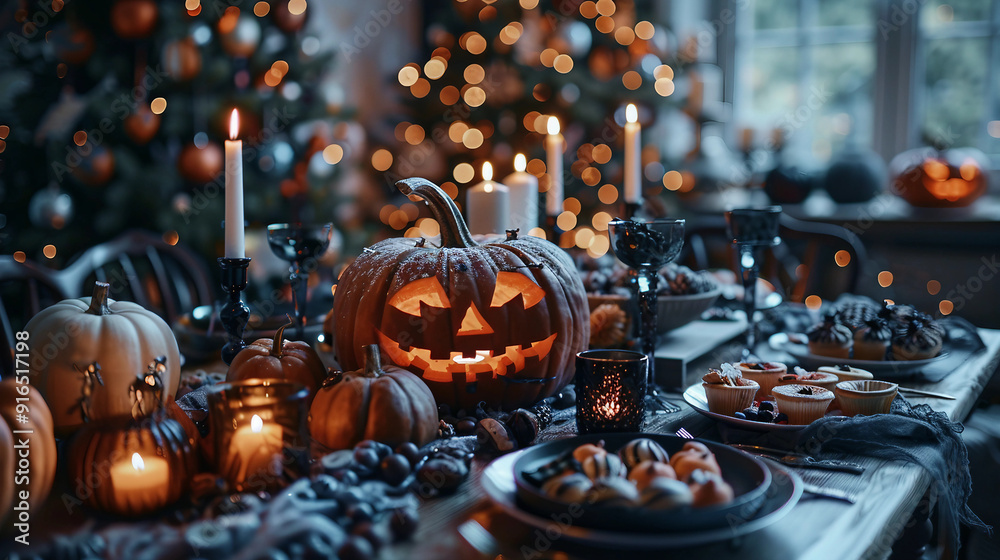 A table is set for a Halloween dinner with a pumpkin lantern on it