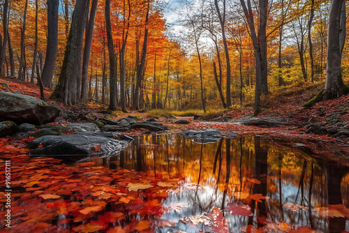 forest autumn trees reflection water lake fall colors nature scenic landscape seasonal foliage peaceful tranquility calm serene 