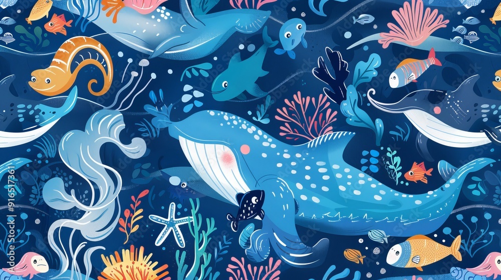 Blue Backdrop with Happy Whimsical Sea Creatures Blue Backdrop with Happy Whimsical Sea Creatures