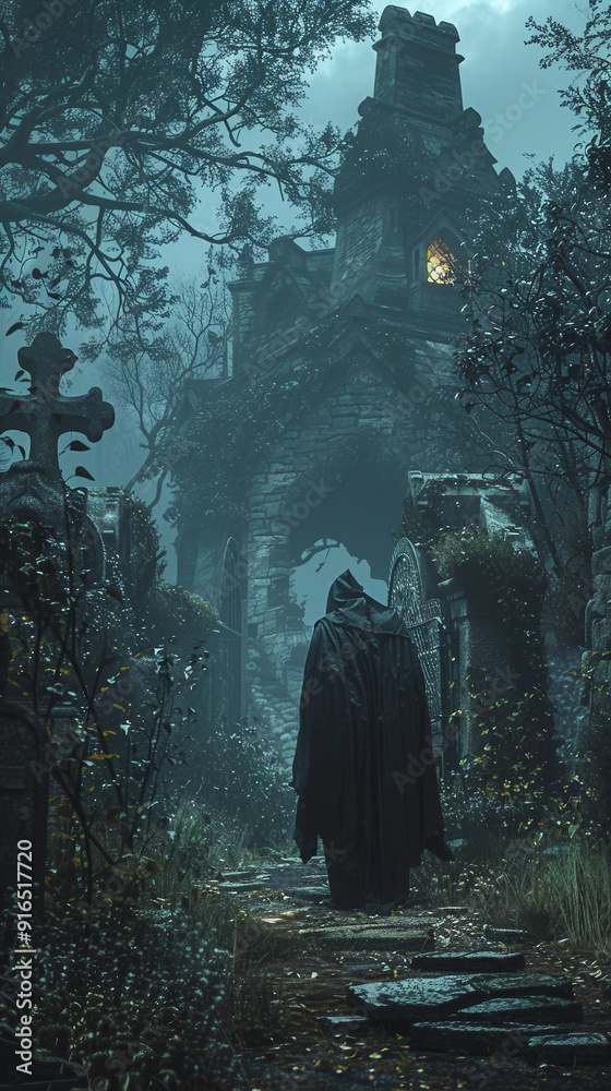 A man in a black cloak stands in front of a large, crumbling building A man in a black cloak stands in front of a large, crumbling building