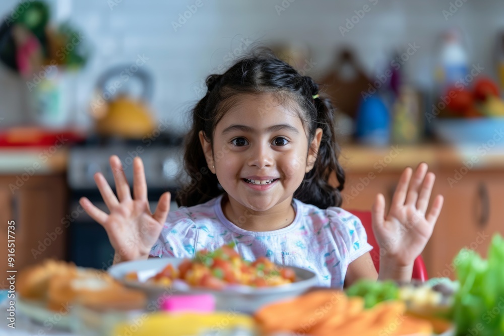 Joyous girl raises her hands gleeful expression sharing happiness. Smiling young girl showing her hands capturing essence of happiness. Unspoken bond of family and nourishment festive Joyous girl raises her hands gleeful expression sharing happiness. Smiling young girl showing her hands capturing essence of happiness. Unspoken bond of family and nourishment festive