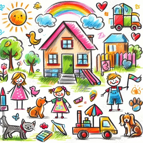 Colorful childlike drawing of happy kids, animals, house, rainbow, and playful elements. Cheerful and vibrant illustration.