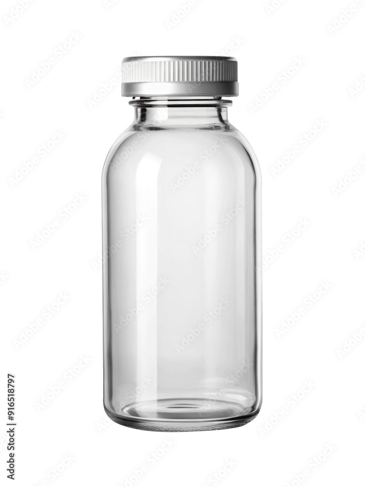 Clear glass bottle with a silver cap, ideal for storing liquids, essential oils, or as a laboratory container. Isolated on transparent background, png. Clear glass bottle with a silver cap, ideal for storing liquids, essential oils, or as a laboratory container. Isolated on transparent background, png.