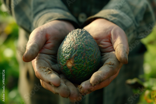 Farmer holds avocado at the...