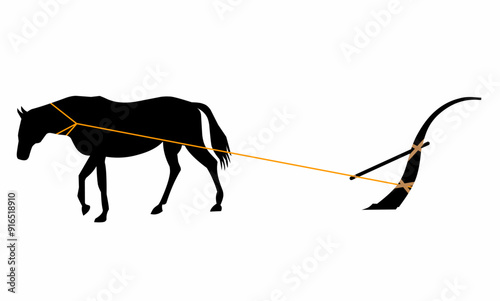 Silhouette of a horse plowing a garden in an open field, on a white background