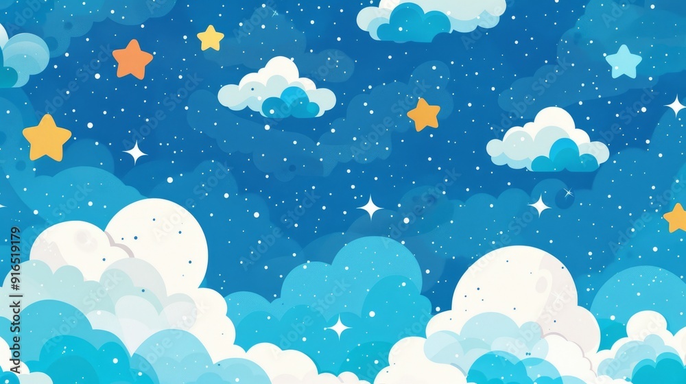 Blue Backdrop with Cheerful Cloud and Star Patterns Blue Backdrop with Cheerful Cloud and Star Patterns
