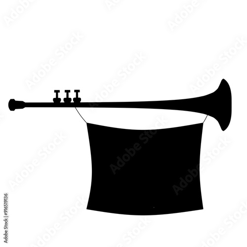 vector illustration of a trumpet silhouette with a flag, on a white background. Vector illustration