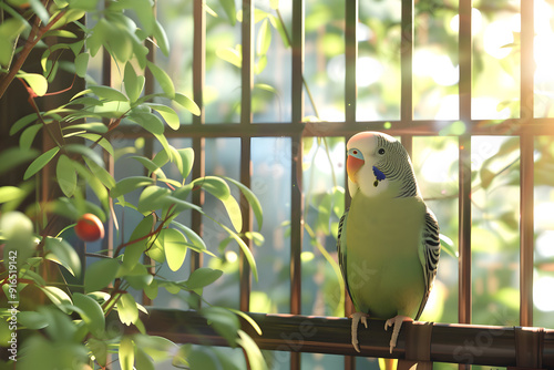 A green budgie perched on a branch, looking out of a window with lush greenery in the background.