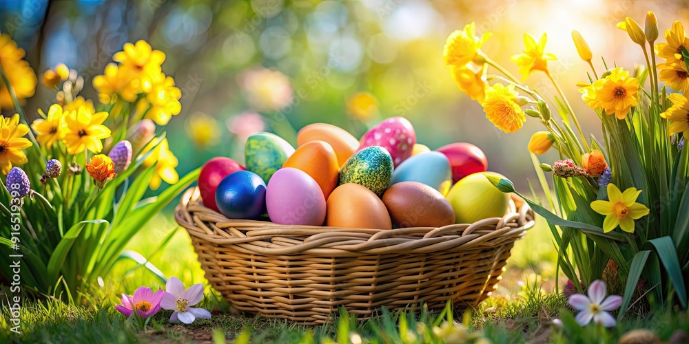 Vibrant Easter eggs in a basket surrounded by spring flowers, Easter, eggs, basket, spring, colorful, vibrant Vibrant Easter eggs in a basket surrounded by spring flowers, Easter, eggs, basket, spring, colorful, vibrant