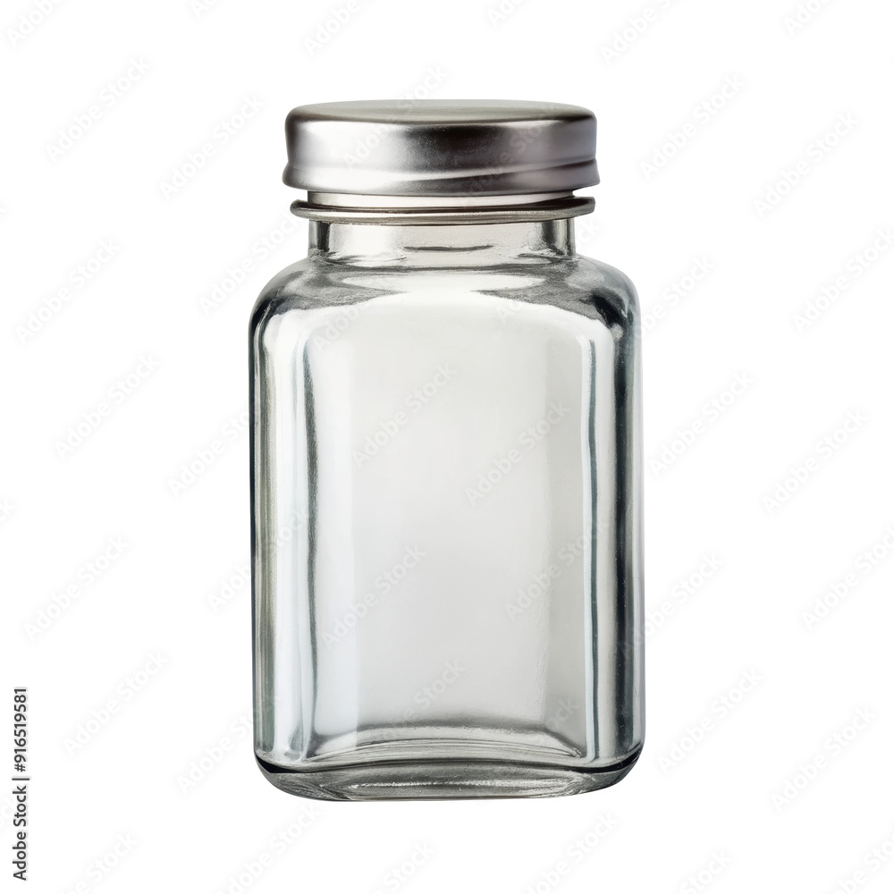 Clear square glass bottle with a metal cap, ideal for storing spices, herbs, or small kitchen ingredients. Isolated on transparent background, png. Clear square glass bottle with a metal cap, ideal for storing spices, herbs, or small kitchen ingredients. Isolated on transparent background, png.
