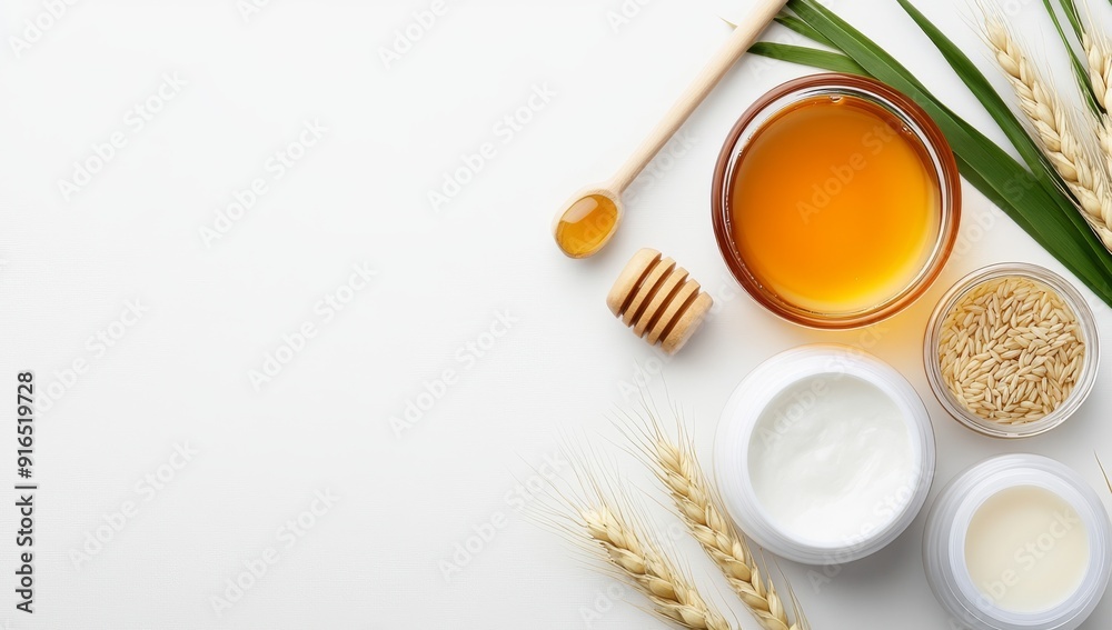 Flat Lay of Skincare Products with Wheat, Honey, and Rice