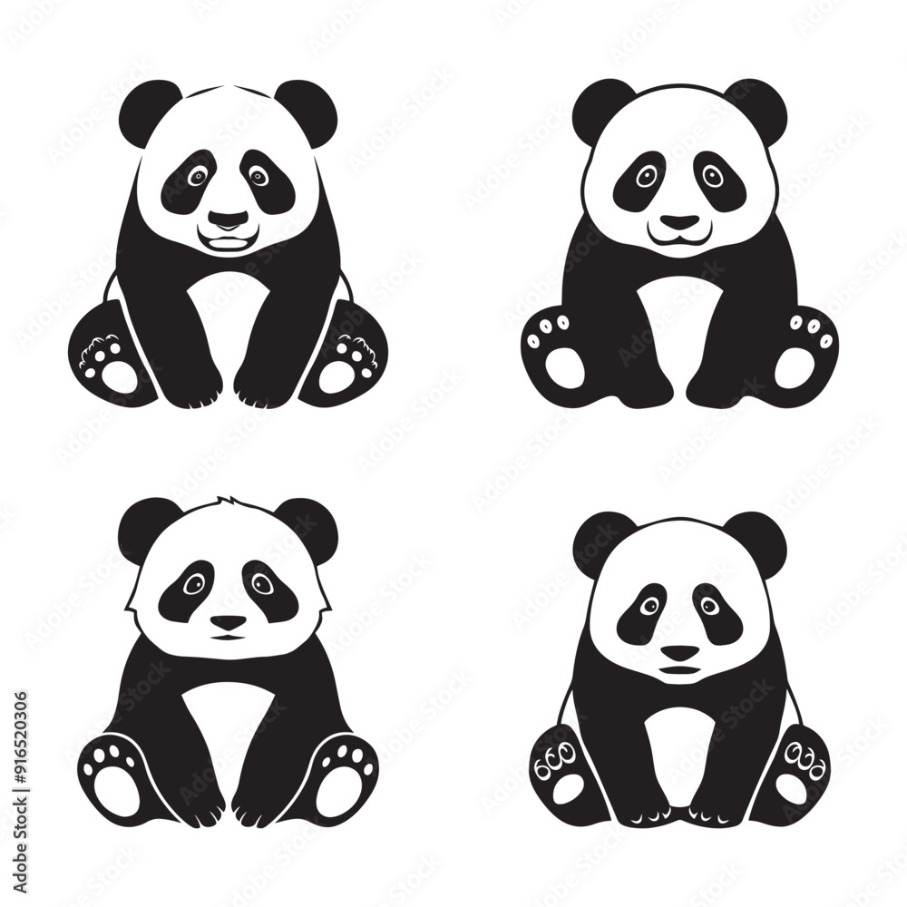 Black and white vector silhouettes set of panda icon Black and white vector silhouettes set of panda icon
