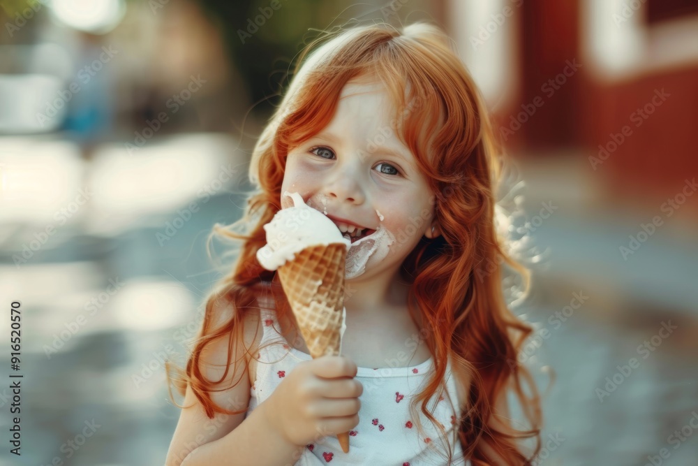 Bright-eyed girl red hair exuding tenderness and charm outside. Child's eyes sparkle while eating ice cream. Beauty of pure happiness and tender moments. Bright-eyed girl red hair exuding tenderness and charm outside. Child's eyes sparkle while eating ice cream. Beauty of pure happiness and tender moments.
