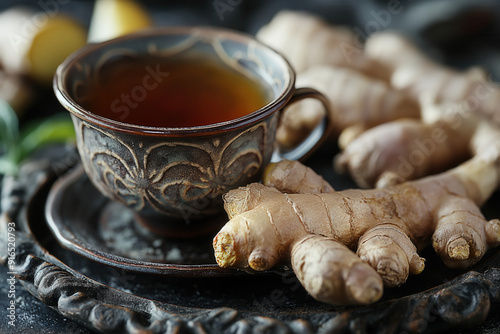 Ginger tea over a dark rust...