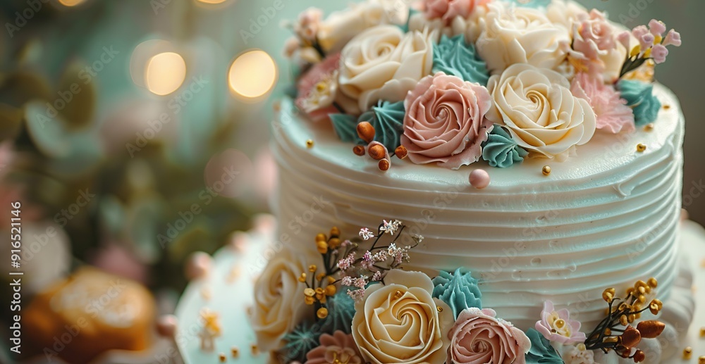A two-tier wedding cake with floral decorations A two-tier wedding cake with floral decorations
