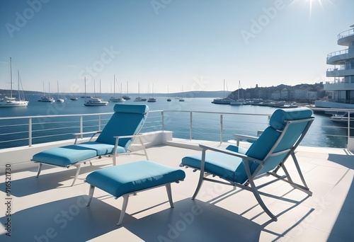 A table with chairs and a table with a view of mountains and the sun