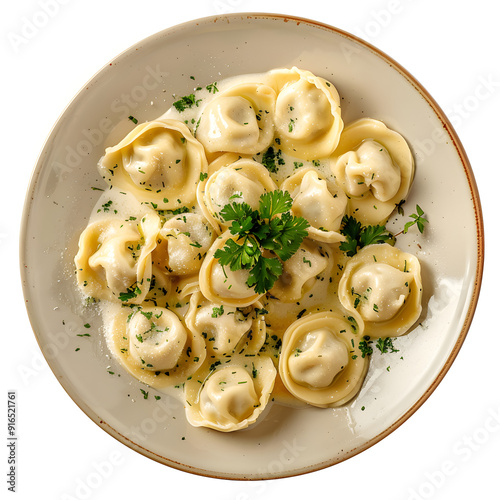 Top view Plate of Russian dumplings pelmeni isolated on white background