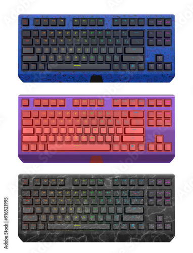 Collection of mechanical keyboards isolated on white background with clipping path. 3D rendering of streaming gear and gamer workspace concept