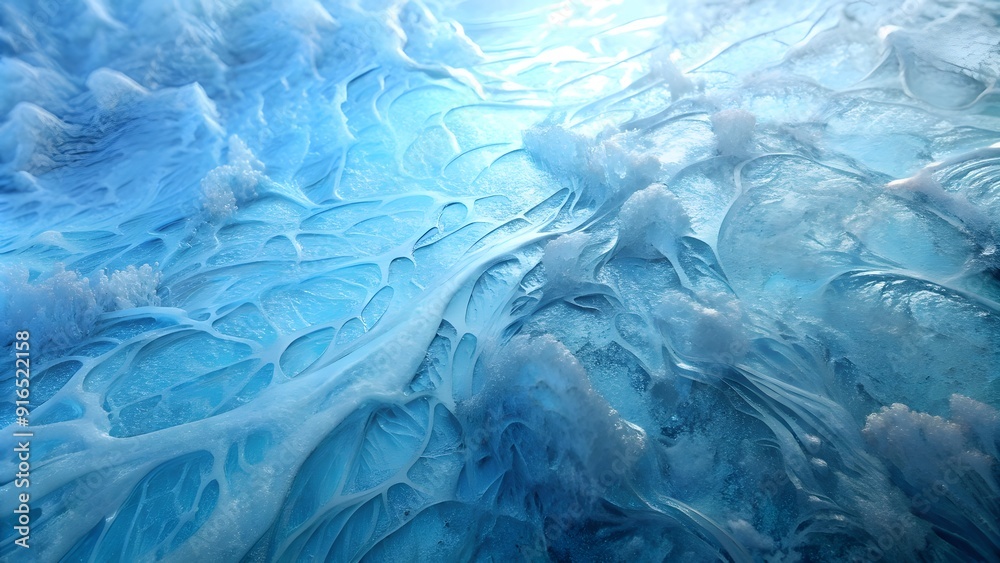 Closeup of an ice surface with intricate patterns and textures. Light blue background backdrop. Frost-inspired wallpaper featuring blue and turquoise. Closeup of an ice surface with intricate patterns and textures. Light blue background backdrop. Frost-inspired wallpaper featuring blue and turquoise.