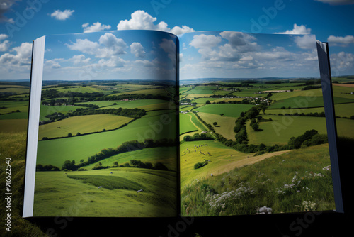 Open book with a vivid landscape photograph of green rolling hills blending into the actual countryside. Concept of immersive reading and nature.