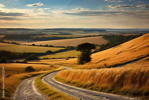 Rural landscape with a winding dirt road through golden fields during sunset. Countryside and scenic nature concept.