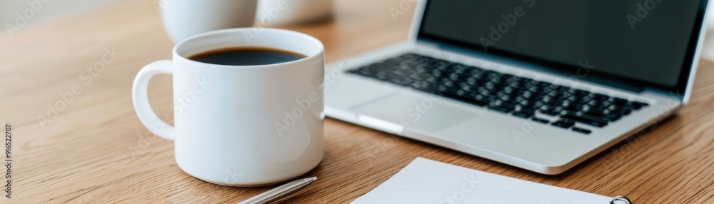 Morning Coffee Break: A simple yet inviting image of a warm cup of coffee, a sleek laptop, and a notepad, capturing the essence of a productive morning routine. Morning Coffee Break: A simple yet inviting image of a warm cup of coffee, a sleek laptop, and a notepad, capturing the essence of a productive morning routine.