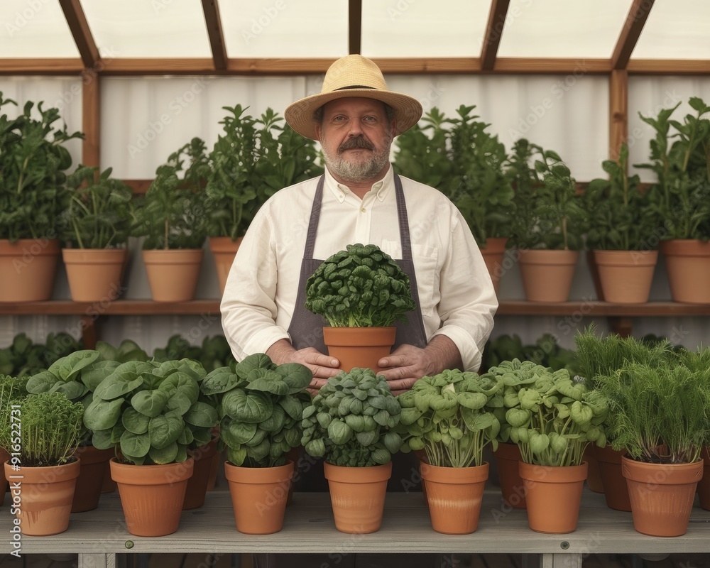 Obraz premium In a greenhouse, a seasoned gardener showcases their passion and commitment to nurturing flourishing and resilient plants.