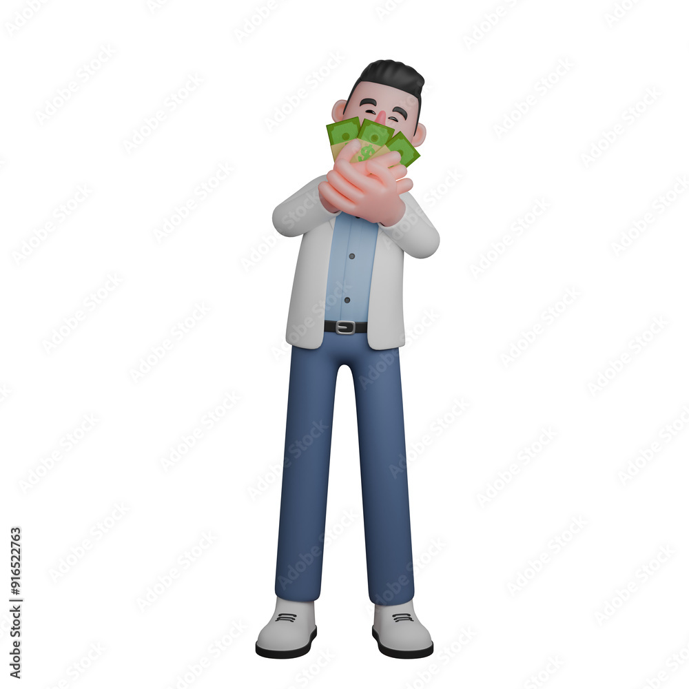 Obraz premium Male Medical Professional in 3D. Male Character Joyfully Embracing Money. Doctor Cartoon