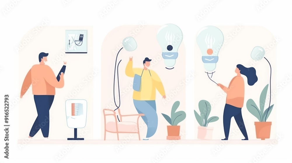 A group of people are standing in a room with a few potted plants A group of people are standing in a room with a few potted plants