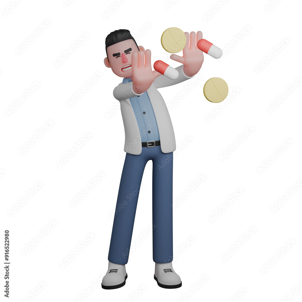 Male Doctor 3D Professional. Male Character Avoiding Medication. Healthcare Cartoon Male Doctor 3D Professional. Male Character Avoiding Medication. Healthcare Cartoon