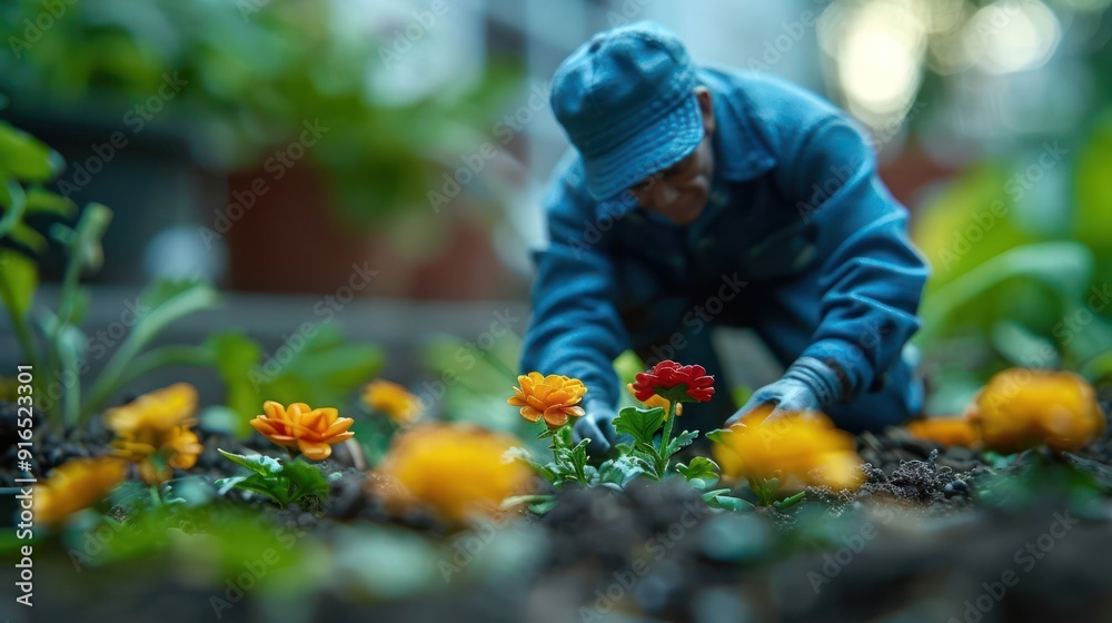 A man is kneeling down in a garden, tending to some flowers A man is kneeling down in a garden, tending to some flowers