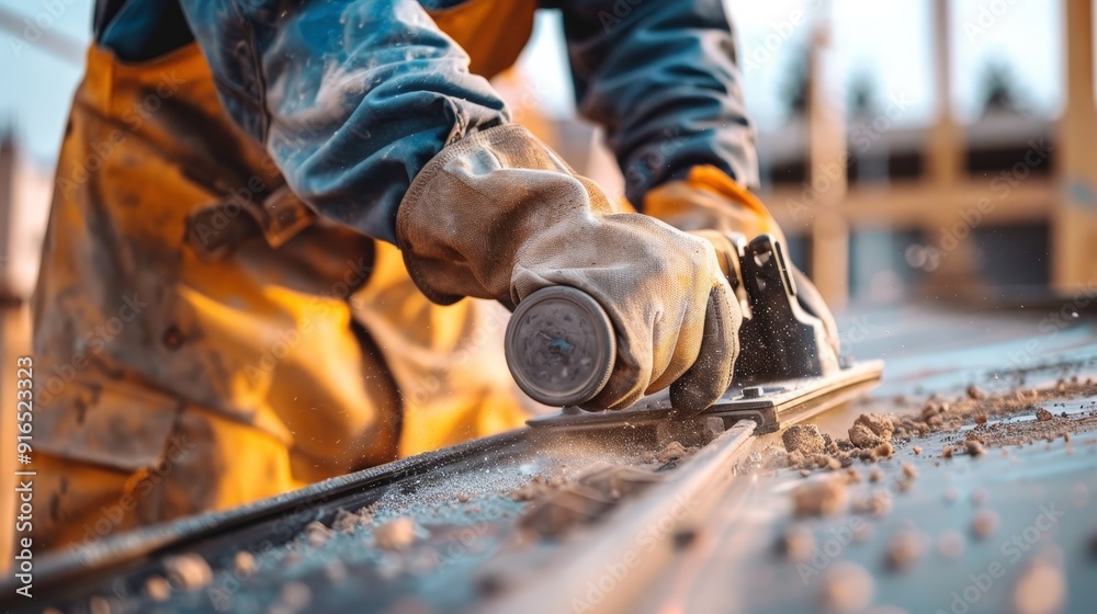 A construction worker wearing safety gloves and goggles, using a grinder to smooth metal edges. A construction worker wearing safety gloves and goggles, using a grinder to smooth metal edges.