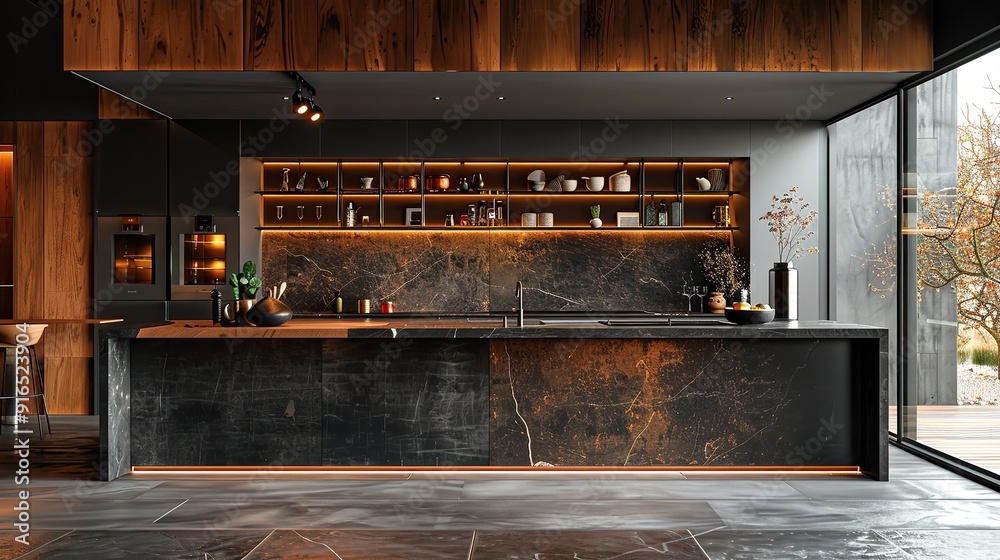 Stylish black kitchen interior with a large window, 3d rendering. Stylish black kitchen interior with a large window, 3d rendering.