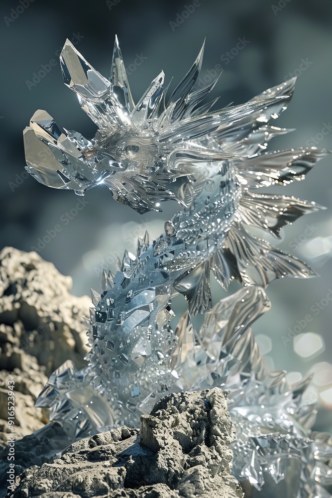 Obraz premium A crystal dragon, with its body sparkling like diamonds, stands atop a mountain peak.