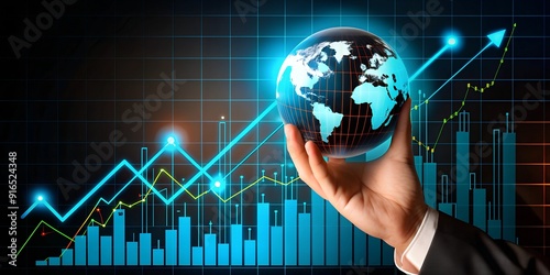 business person hand holding world map with graph